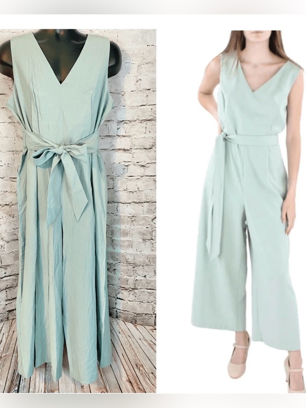 Calvin Klein Sleeveless V-Neck Wide-Leg Tie-Waist Jumpsuit - Mint Green Size 4
